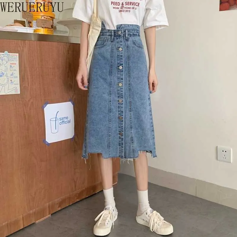 Werrueruyu Summer Retro Hong Kong Style Mid Długi Wysokowy Talia Slim Ins Denim Spódnica Damska Dress 210608