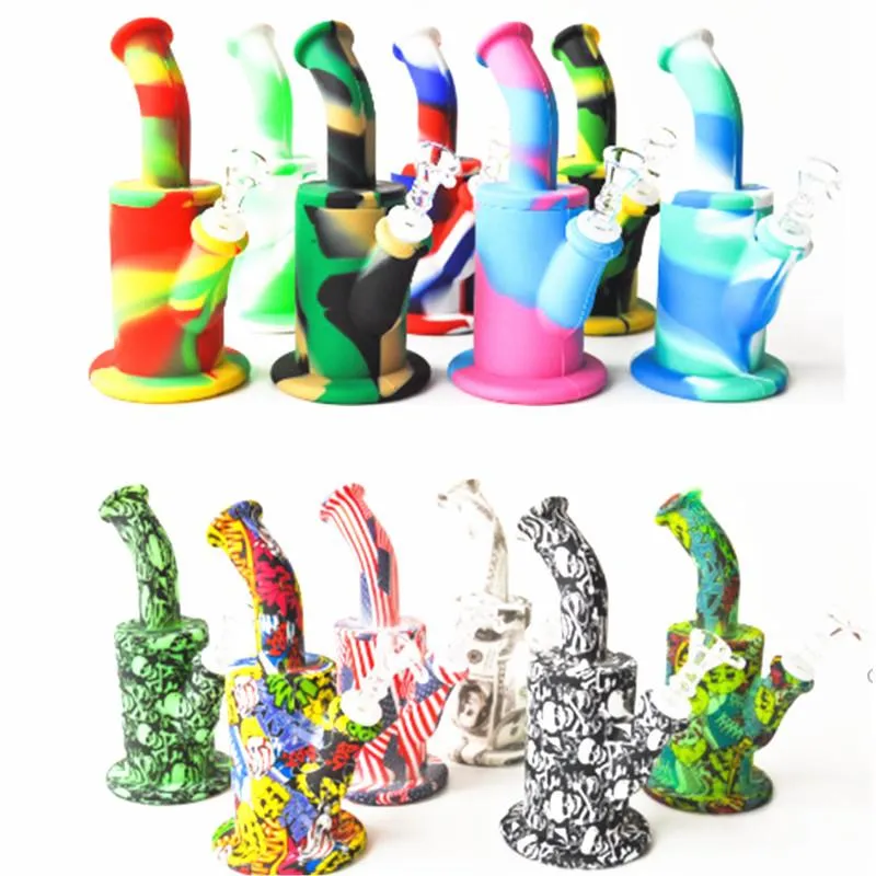 2021 Printed 8.5 inches Silicone Bong two parts small bubble silicone water pipe with 14mm glass bowl