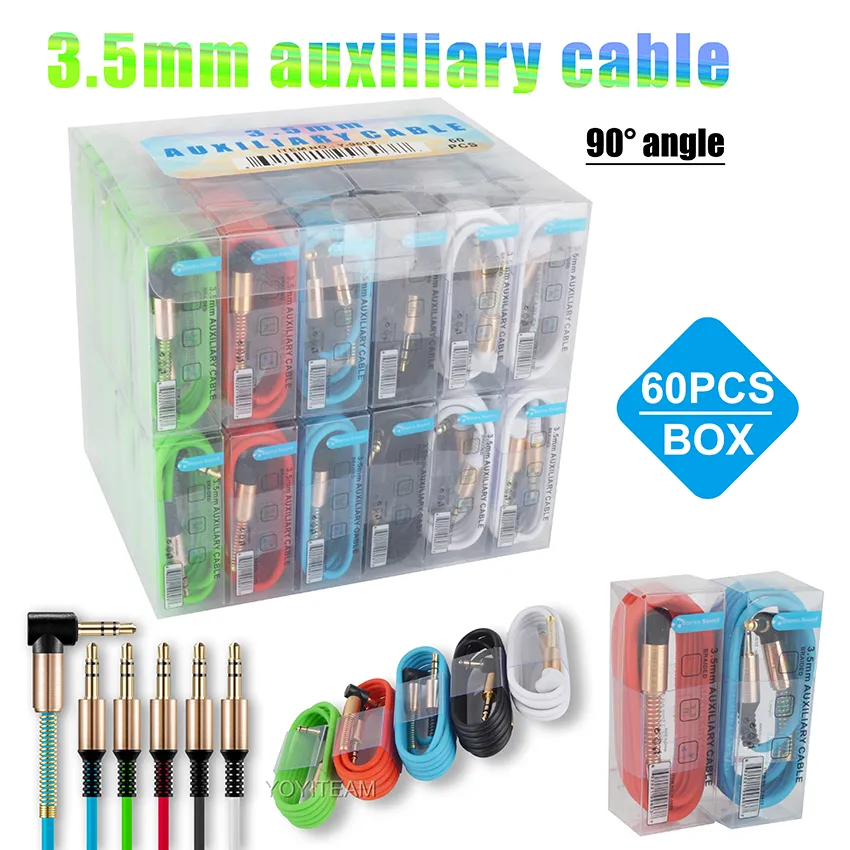 Câble auxiliaire de 3,5 mm, tête à angle droit de 90° pour haut-parleur, appareil audio, mp3, téléphone portable, autoradio, son stéréo en plusieurs couleurs, fil de 3,3 pieds avec boîte en PVC et code-barres UPC