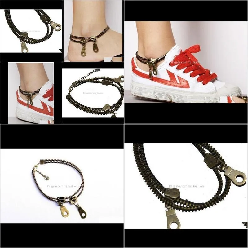 anklets jewelry fashion women vintage bronze plated 2-layer zipper style fashion popular foot jewelry wholesale shipping