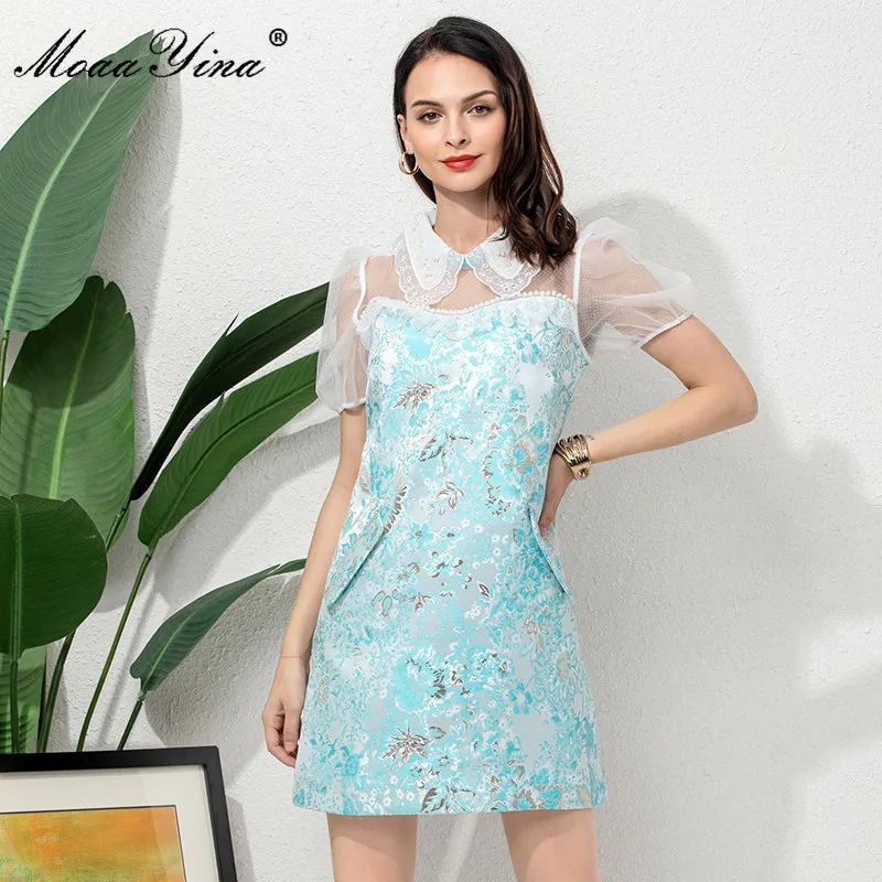 Créateur de mode robe de soirée d'été femmes manches bouffantes patchwork perlé bleu imprimé fleuri élégant court Jacquard 210524