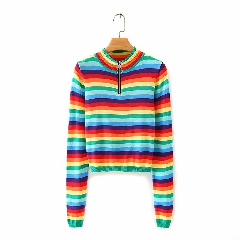 HSA Jesień Zima Slim Wild Stand-Up Collar Zipper Pullover Kobiety Moda Dzianina Z Długim Rękawem Rainbow Słodki Sweter Paski 210417