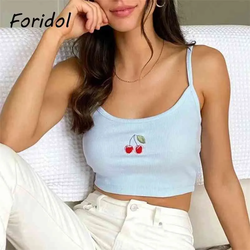 Foridol borduurwerk kersen camis top vrouwen casual sexy camis shirts blauwe dames crop tops mujer zomer schattige tops meisjes 210415