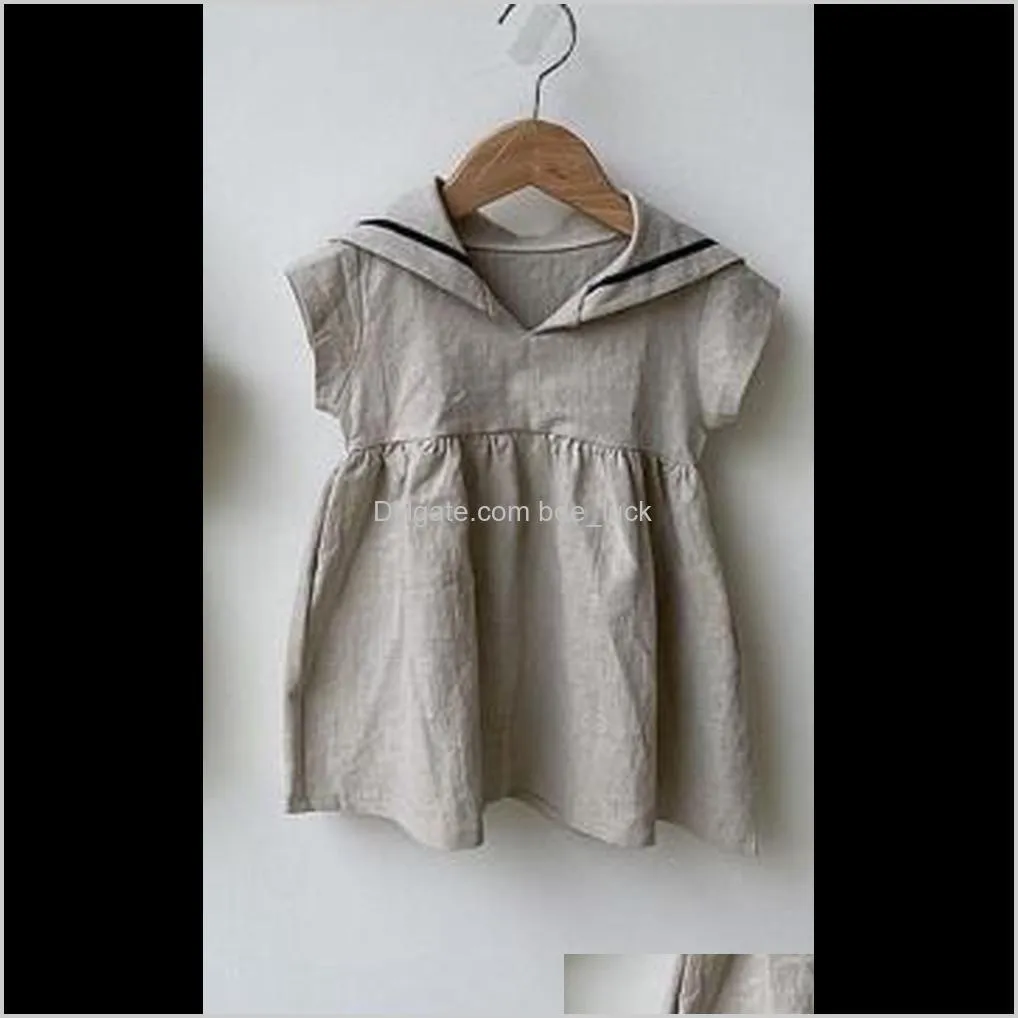 2020 Infants Sister and Brother Summer Casual Linen Cotton Sailor Collar Dresses Rompers with Hat Toddler Baby Siblings Romper