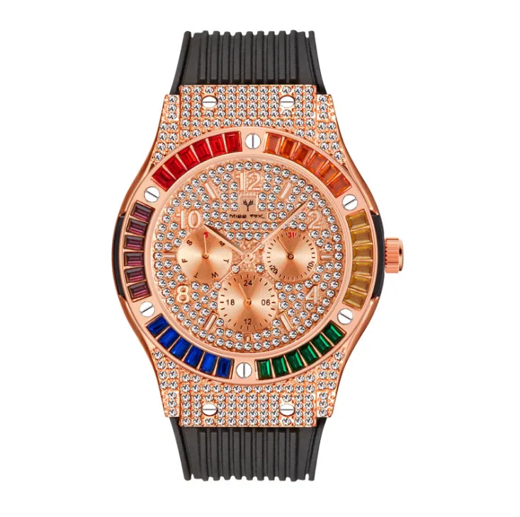 MISSFOX Leven Waterdichte Quartz cwp Heren Horloges Vierkante Kleurrijke Diamant Verfijnde Zirkoon Siliconen Band Mannelijke Horloges Multicolo235m