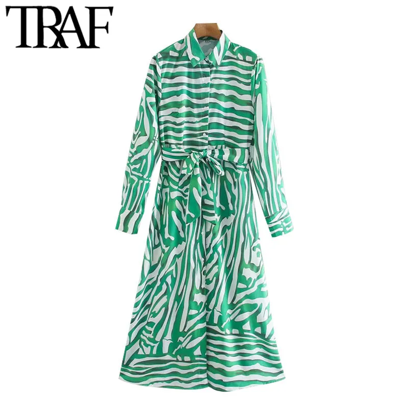 Traf Women Fashion With Belt Animal Print Midi Dress Vintage trzy ćwierć rękawowe guziki sukienki żeńskie Vestidos 210415