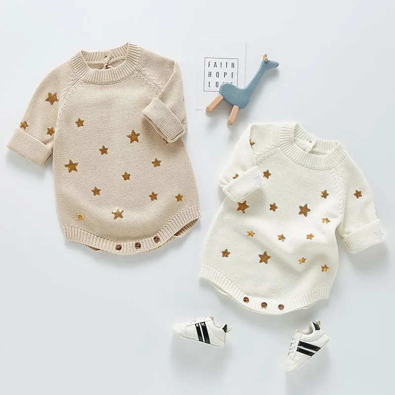 0-3Yrs Cute Baby Girl Knit Rompers Spring Autumn Long Sleeve Fashion Infant Clothes Star Printing 210429