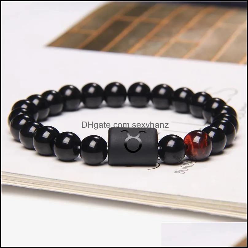 12 Constellation Bracelets Couple Bangles Men 8MM Onyx Agat Stone Beads Pulsera Cancer Virgo Women Bracelet Friendship Jewelry