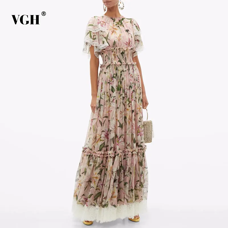 VGH Vintage Print Цветочное платье для Женщин Орец с коротким рукавом Высокая талия Лоскутное Кружева Элегантные MIDI Платья Женская Мода Стиль 210421
