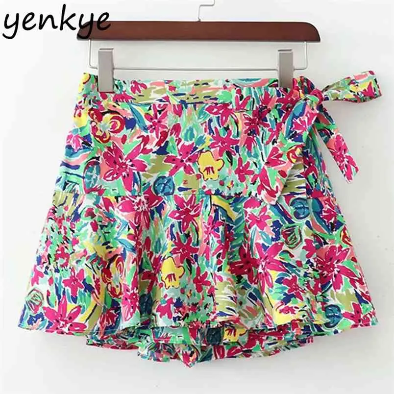 Multicolor Floral Impressão Boho Shorts Mulheres Elásticas Cintura Alta Verão Culottes XDWM2251 210514