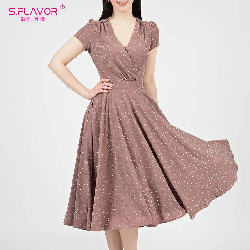 S.FLAVOR Casual Polka Dot Print Mid Dress Women V Neck Short Sleeve A Line Dresses Summer Vintage Party Dress Robe Femme 210719