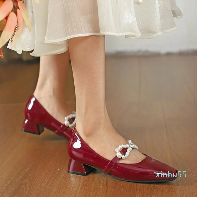 Dress Shoes Patent Leather Mary Jane Women Block Heel Buckle Strap Pearl Ladies Pumps Fashion Party Wedding Square