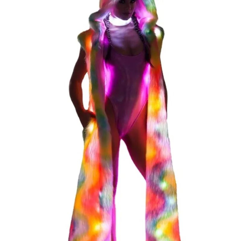 GAMPORL Cappotto in pelliccia sintetica di grandi dimensioni Vestiti di peluche con cappuccio - Vestiti invernali lunghi e caldi con luci a led Capispalla colorati da donna 211207