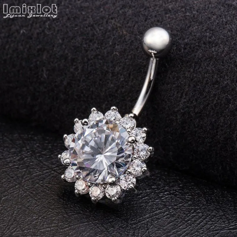 Other 1pc Stainless Steel CZ Zircon Flower Petal Navel Piercing Crystal Belly Button Rings Body Nombril Pircing Navelpiercing