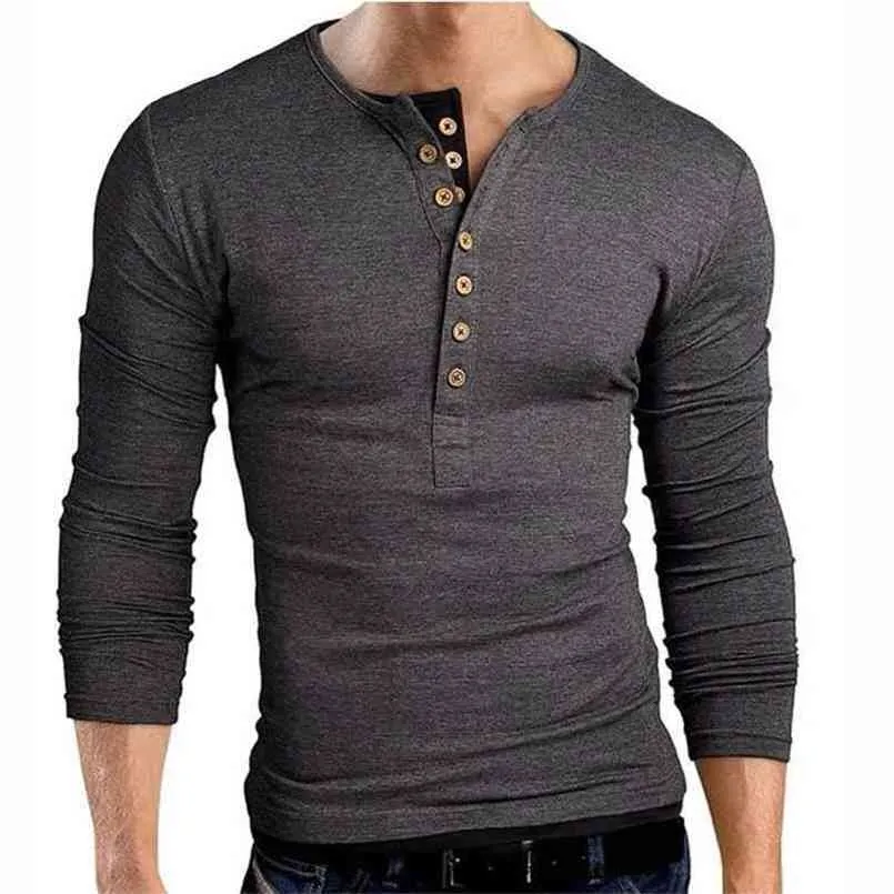 Szary T Shirt Koszula Koszula Homme Double V Neck Henley Z Długim Rękawem Mężczyźni Slim Fit T-shirt XXL 210716