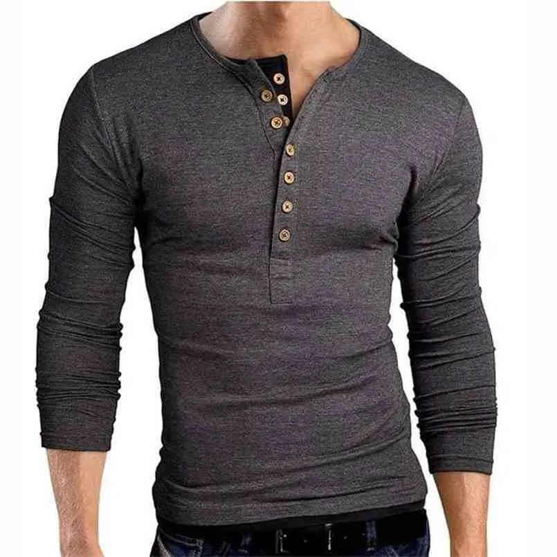 Gri T Gömlek Tee Gömlek Homme Çift V Boyun Henley Uzun Kollu Erkekler Slim Fit T-shirt XXL 210716