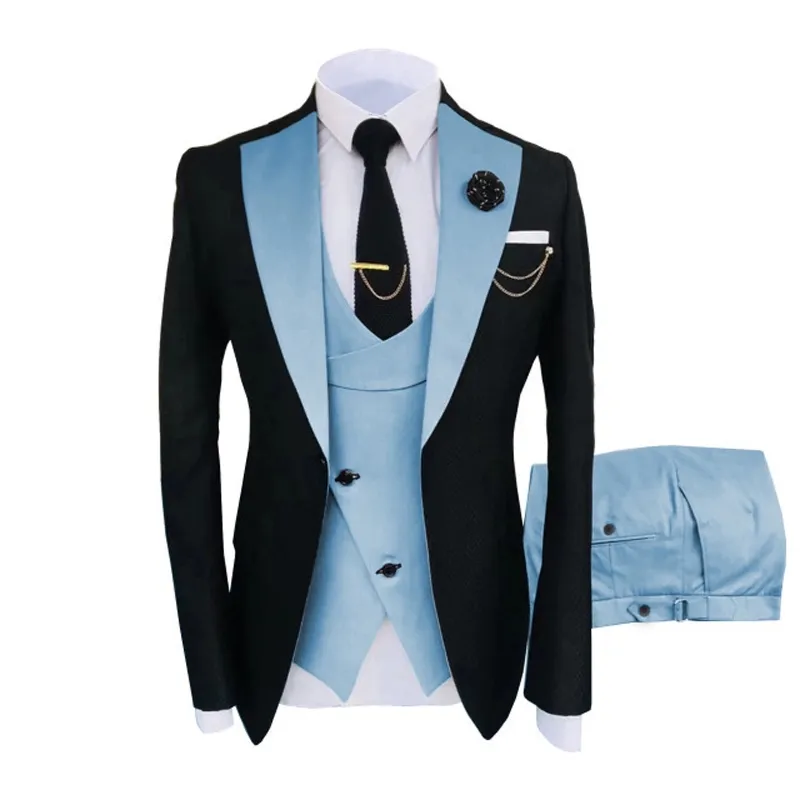 Uitstekende Zwart 3 Delig Pak Mannen Bruiloft Smoking Lichtblauw Notch Revers Bruidegom Business Diner Prom Blazer (jas + Broek + Tie + Vest) 820