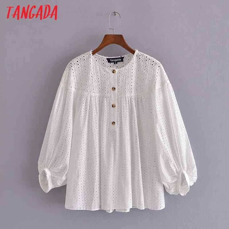 Mulheres retrô verão oco para fora grande algodão romântico blusa manga longa chique camisa feminina tops 3h185 210416