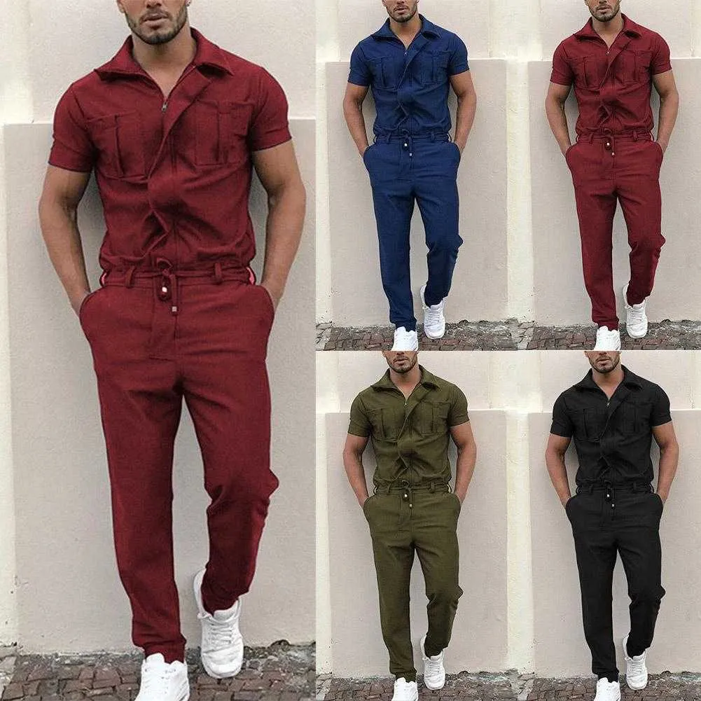 Jumpsuit Herr Overall Casual Mode Arbetskläder Herr Snygga kortärmade fickor Dragsko Dragkedja Jumpsuit Overall Arbetskläder X0615