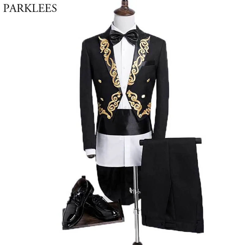 Gold Floral Haft Tuxedo TailCoat Mężczyźni Slim Fit 4 SZTUK Sukienka Garnitury Męskie Pianista Prom Ślubny Dinner Swallow-Tailled Płaszcz Czarny 210522