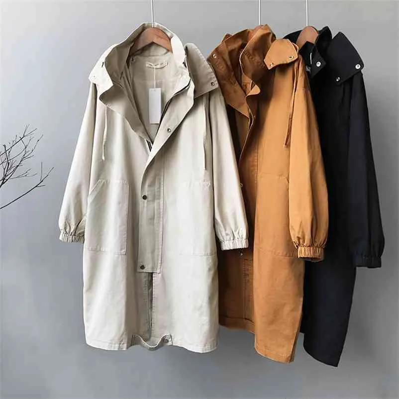 Höst Hhaki Hooded Windbreaker Kvinnors Medium Long Oversized Causal Chic Trench Jacket Kvinna CRRIFLZ 210520