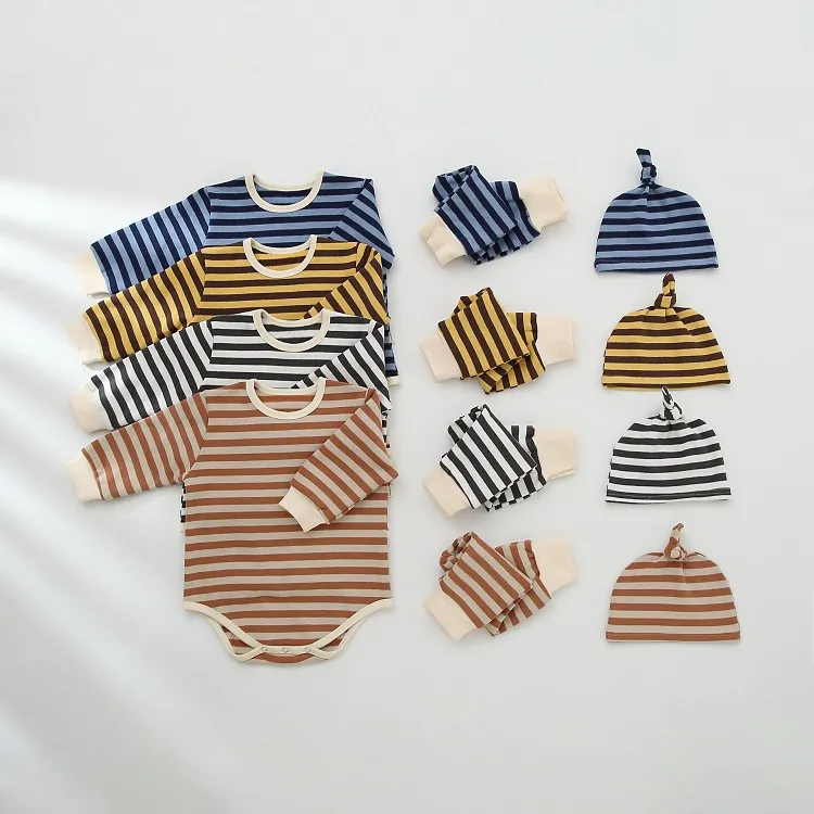 Fall Winter Infant Toddler Kids Boys Girls Clothing Sets Pajamas Suits Long Sleeve Stripes Romper + Pants Hats 3Pieces Outfits M3706