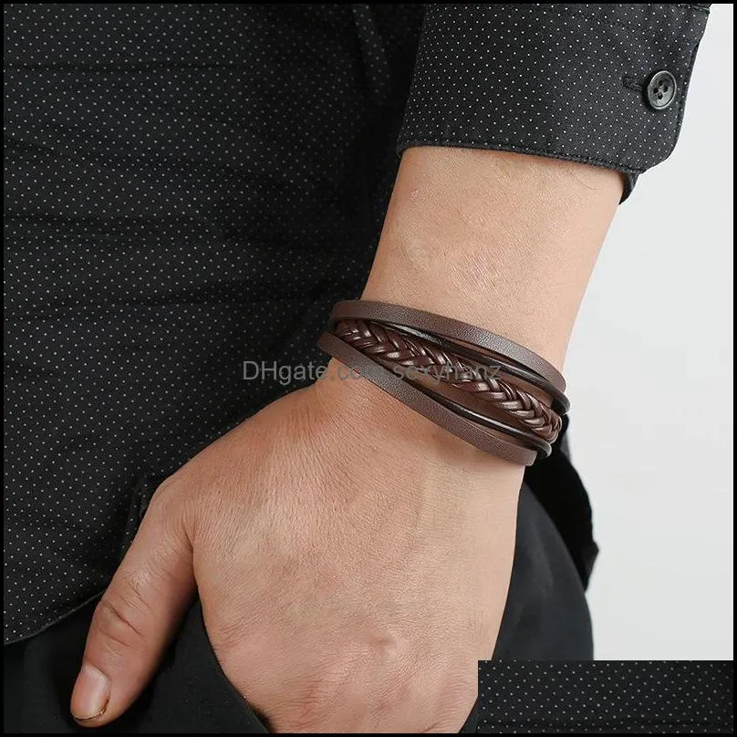 Punk vintage cowhide bracelet multi-layer stainless steel braided leather bracelet bracelet men`s jewelry