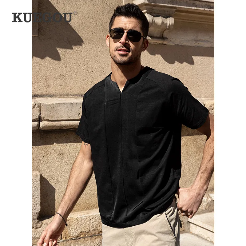 KUEGOU Cotton Spandex Fashion Men Tshirt V-Neck Man T-shirt Long Sleeve Patchwork Summer Top Tee Plus Size ZT-90056 210524