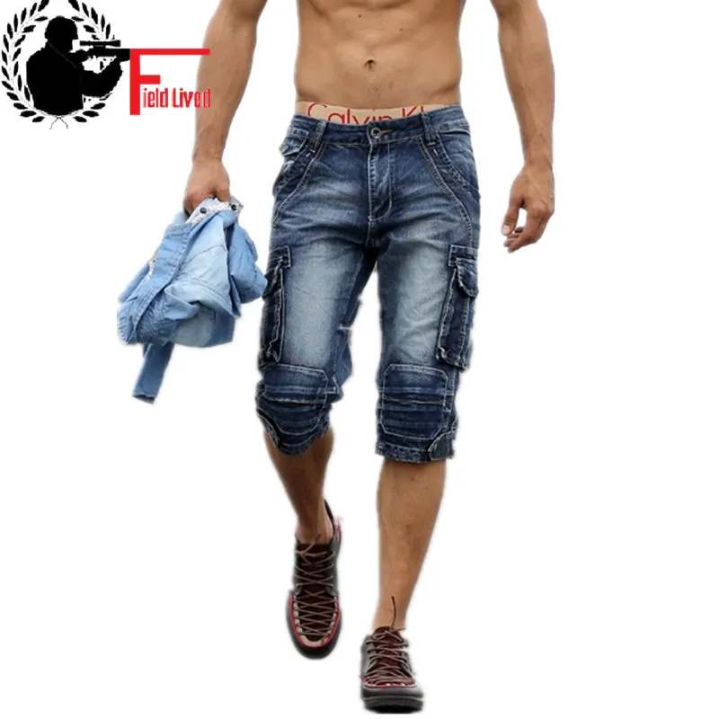 Été Hommes Rétro Denim Shorts Casual Lavé Mâle Mode Jeans Courts Genou-longueur Global Combat Cargo Style Militaire 210518