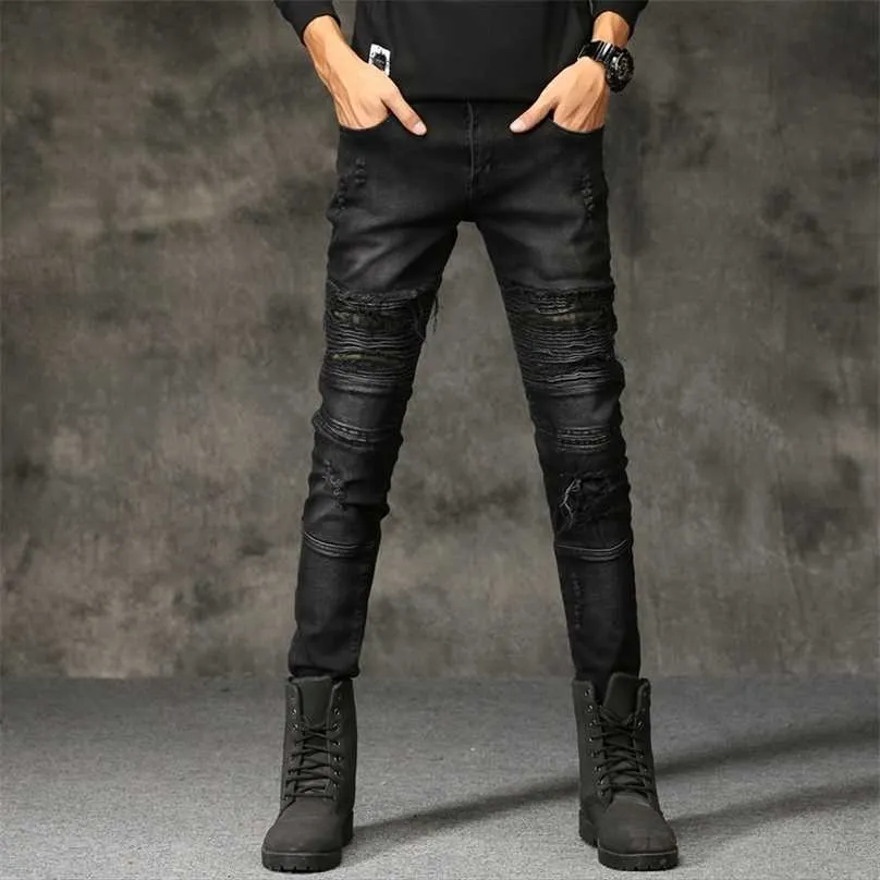 Mäns Jeans Ripped förstörda Biker Hip Hop Stretchy Denim Byxor Slim Fit Male Patches Hole High Street Trousers 211111