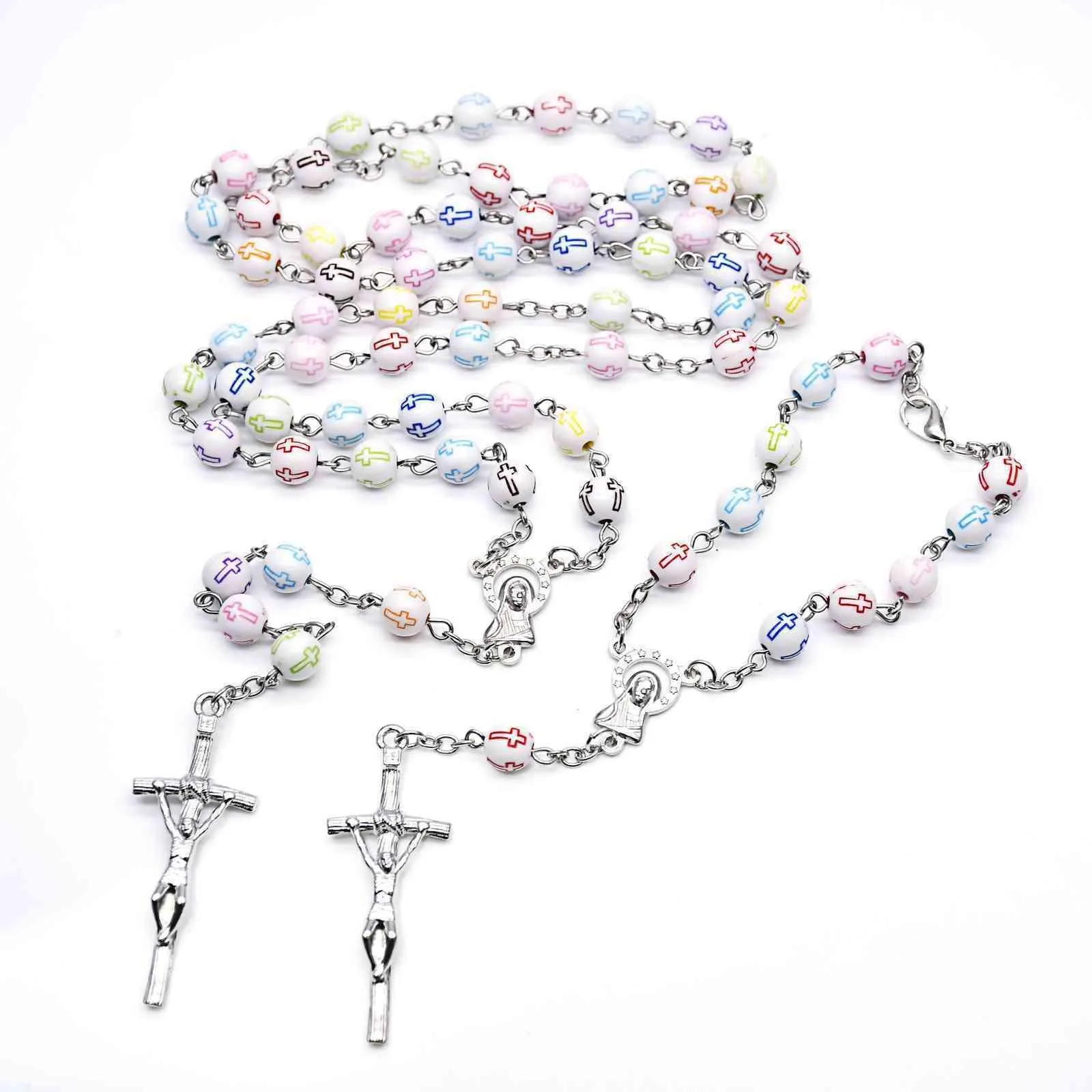 2022 Neue katholische Perlen Rosenkranz Halskette Bunte Kreuz perfekt für Erstkommunion Katholizismus Religiöses Geschenk