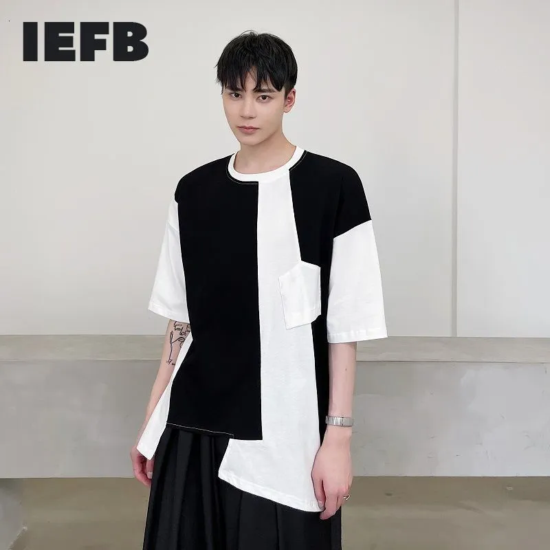 IEFB Contraste Couleur Patchwork À Manches Courtes T-shirts Pour Hommes Streetwear Lâche O-cou Tee Tops Camisetas Hombre Back Vent Vêtements 210524