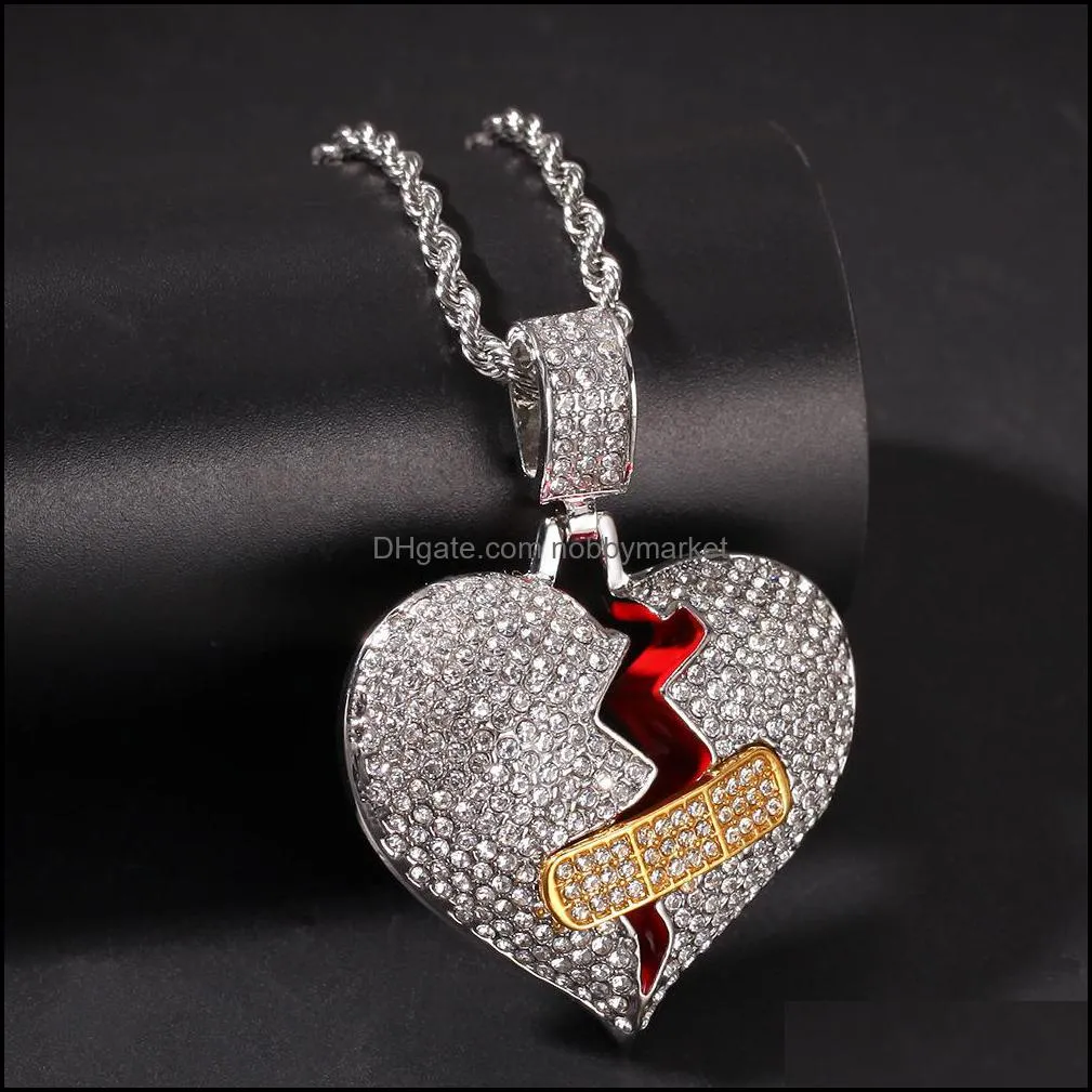 Broken Bandage Heart Necklaces Men`s Bling Crystal Iced out Love Pendant Gold Silver Twisted chain For women Hip hop Jewelry