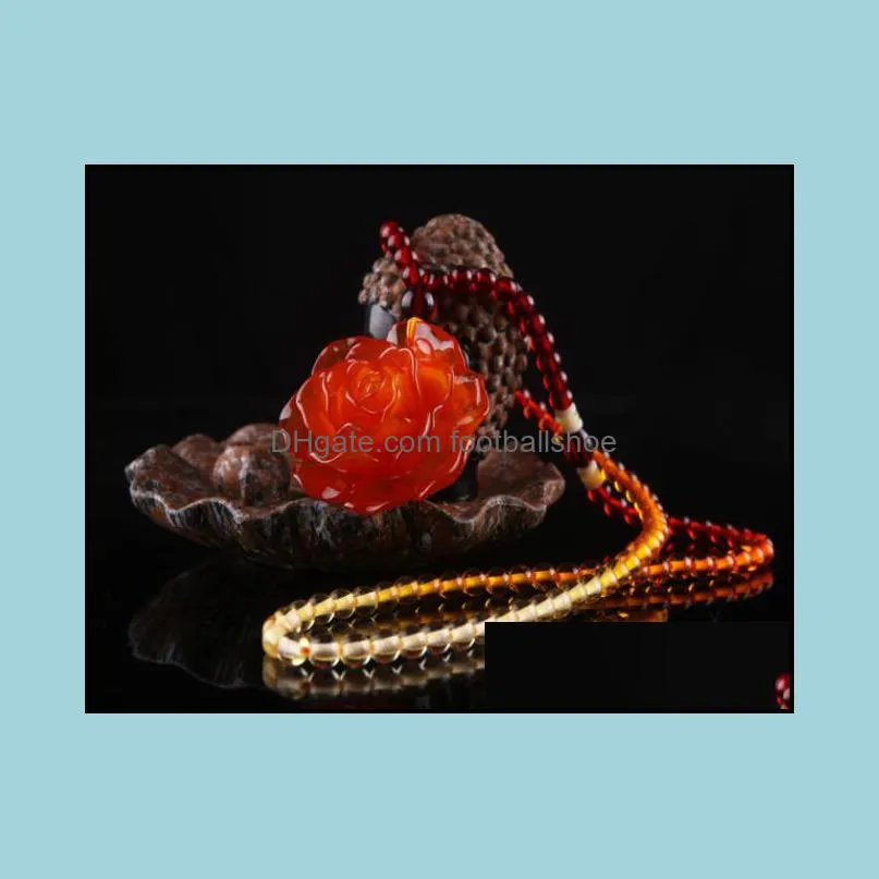 Blood Amber Rose Pendant Women`s Long Necklace Sweater Chain New Charms