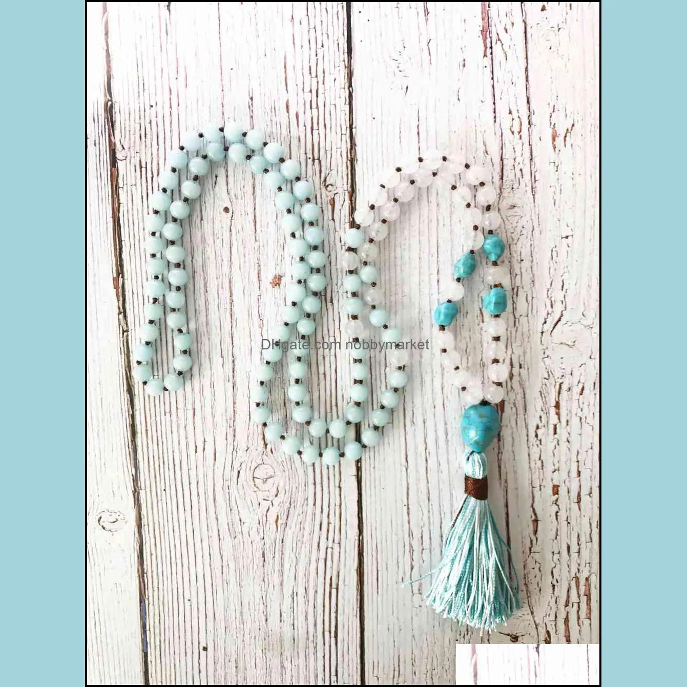 108 mala beads Necklaces Hand Knotted White jades necklace Bule Meditation Necklaces tassel necklace Yoga Mala Bead best gift 210323