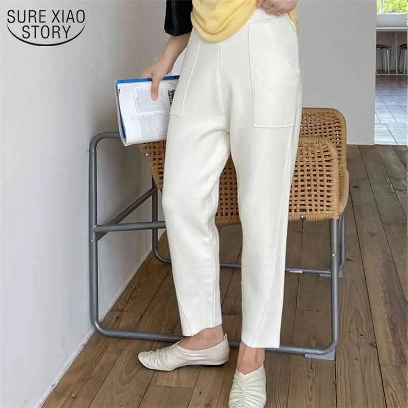 Warm Thicken Wollen Pants Women Autumn and Winter Casual Pocket Capris Wide Leg Trousers Knitted Chic Harem 11069 210508