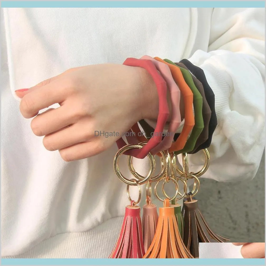 Sile Wristlet Keychain med l￤der Tassel Bangle Keyring Large Circle Key Ring Faced Holder for Women Girls 71QWB Keychains MFJQF