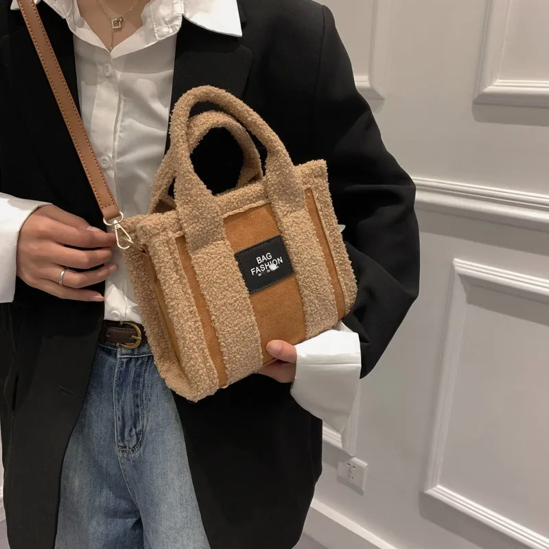 Sac fourre-tout automne et hiver, nouveau sac à main en cachemire d'agneau, sacoche à bandoulière simple pour femmes