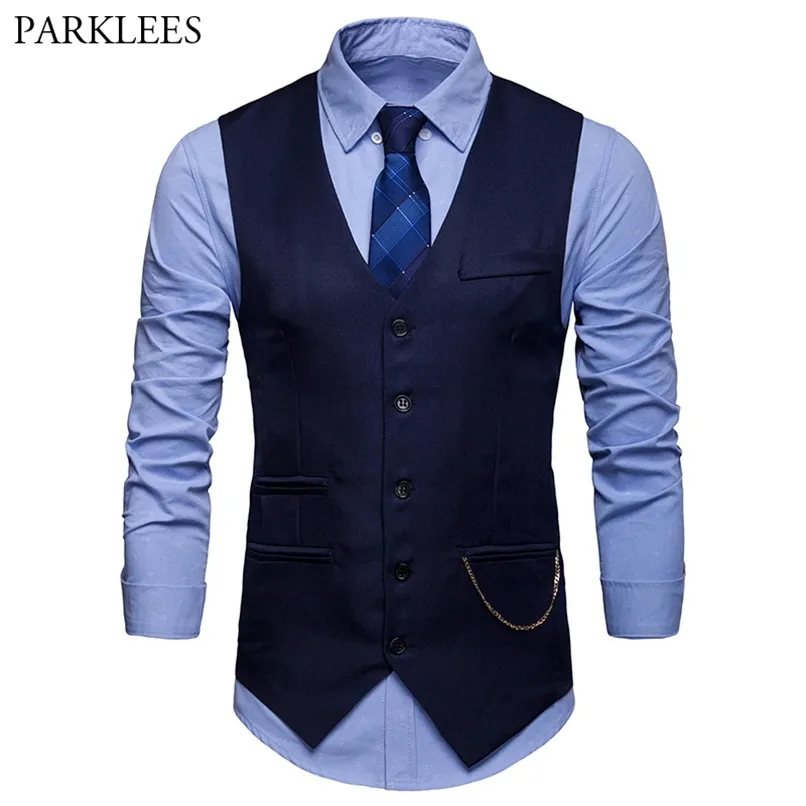 Men's Classic Slim Fit Chain Vest Brand Single Breasted Waistcoat Men Wedding Business Casual Tuxedo s Gilet 210923