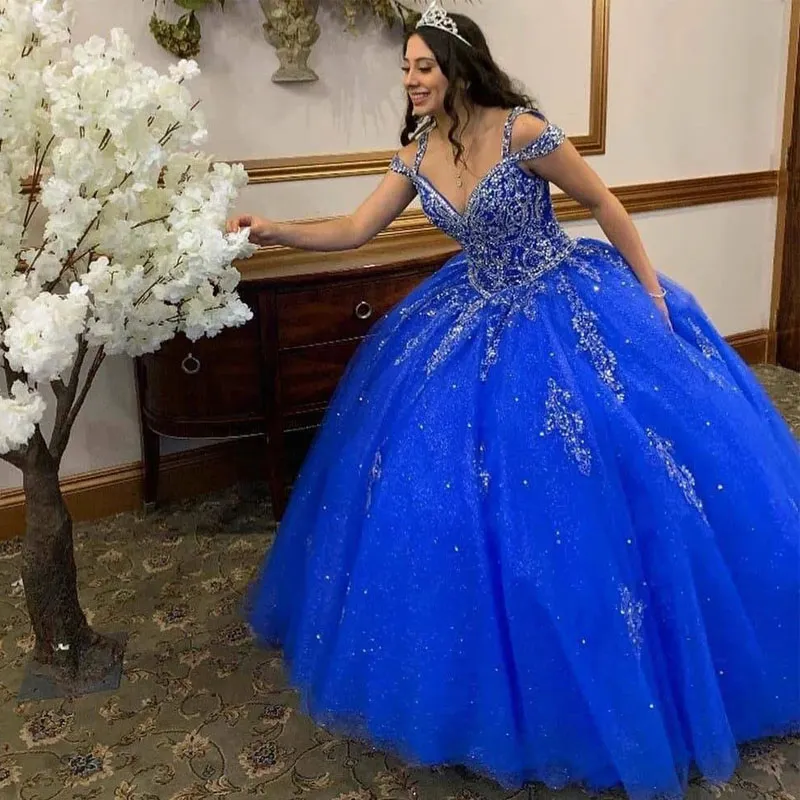 Oszałamiające niebieskie sukienki Quinceanera 2021 Off na ramię Kryształ Słodka 16 Suknie Plus Size Junior Controse Sukienka 326 326