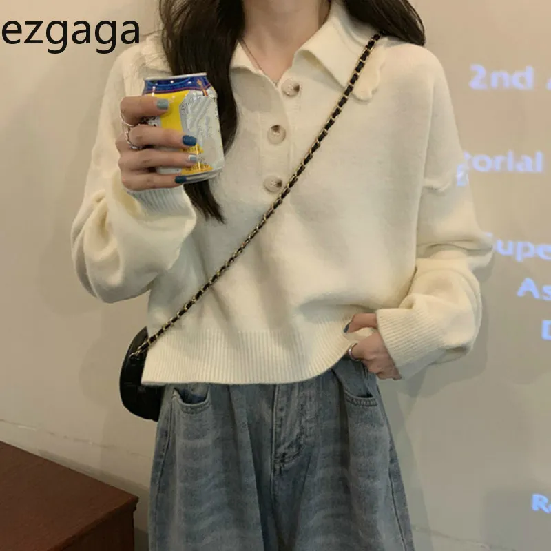 Ezgaga Sweet Fashion Dzianiny sweter Jumper Kobiety Koreański Turn-Down Collar Solidny przycisk Proste Luźne Pulower Panie Topy Dorywczo 210430