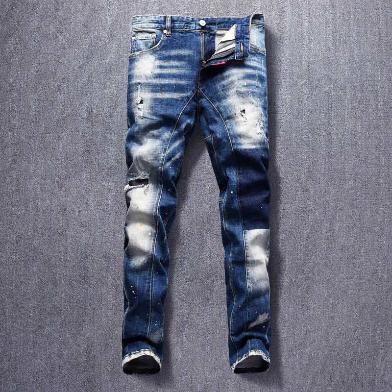 Estilo italiano Moda Hombre Jeans Retro Azul Slim Fit Pintado Diseñador Ripped Denim Pantalones Streetwear Hip Hop Biker Pantalones Hombre