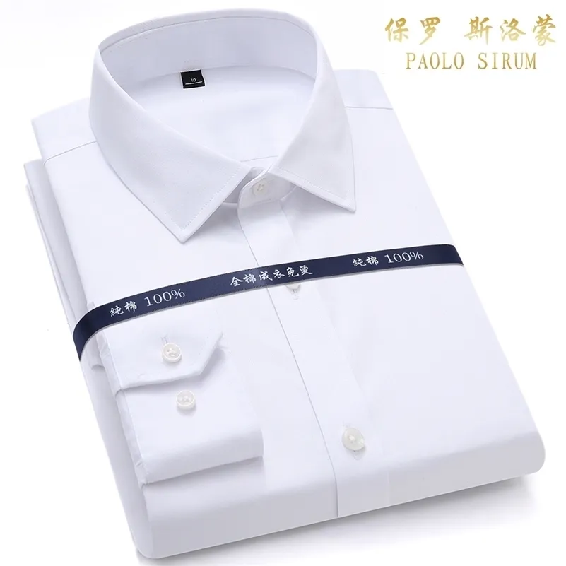 Top Quality Mens Formal Dress Shirts Long Sleeve White Pure Cotton Business Slim Fit Plus Size Office Non Iron 210714