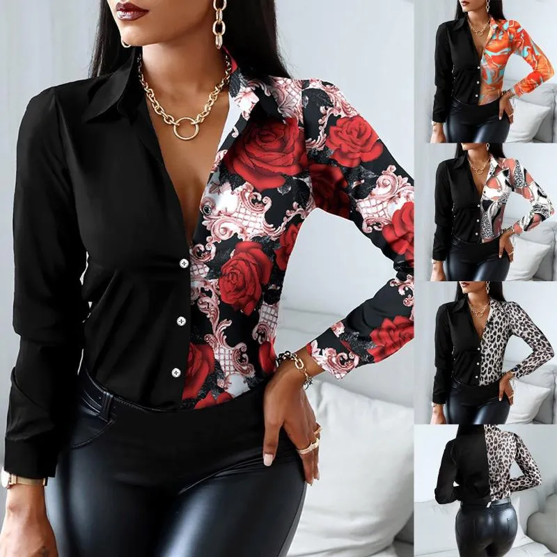 Blusas De Mujer Camisas Moda Blusa Con Estampado Floral Camisa Con Botones Sueltos Tops Camiseta Casual Otono Empalme Senoras Mujer Mujer Blusa De Manga Larga De 13 65 DHgate