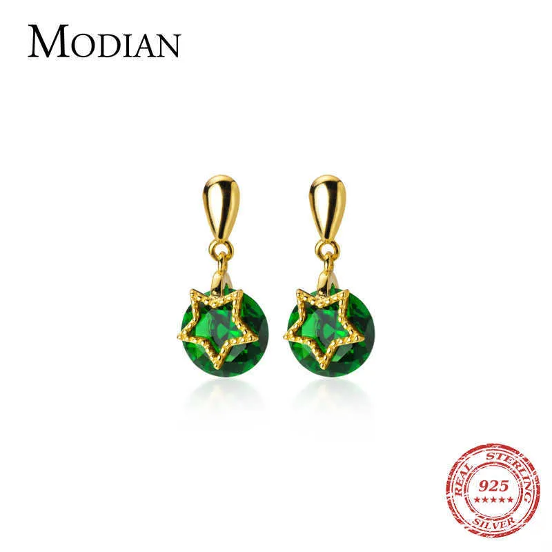 Zielony Kryształ Złoty Kolor Star Dynda Kolczyk Dla Kobiet Prawdziwe 925 Srebro Wiertła w kształcie Woda Drop Fine Jewelry 210707