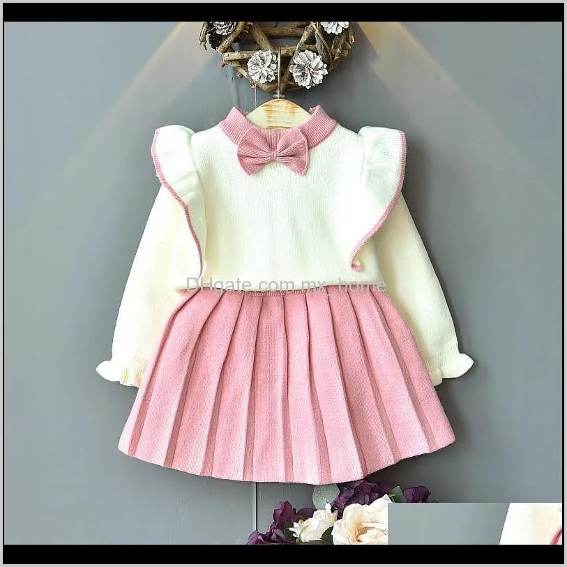 girls sweater short skirt suit spring baby bow knot long-sleeved top pleated skirt children`s fashion clothing 2-piece set