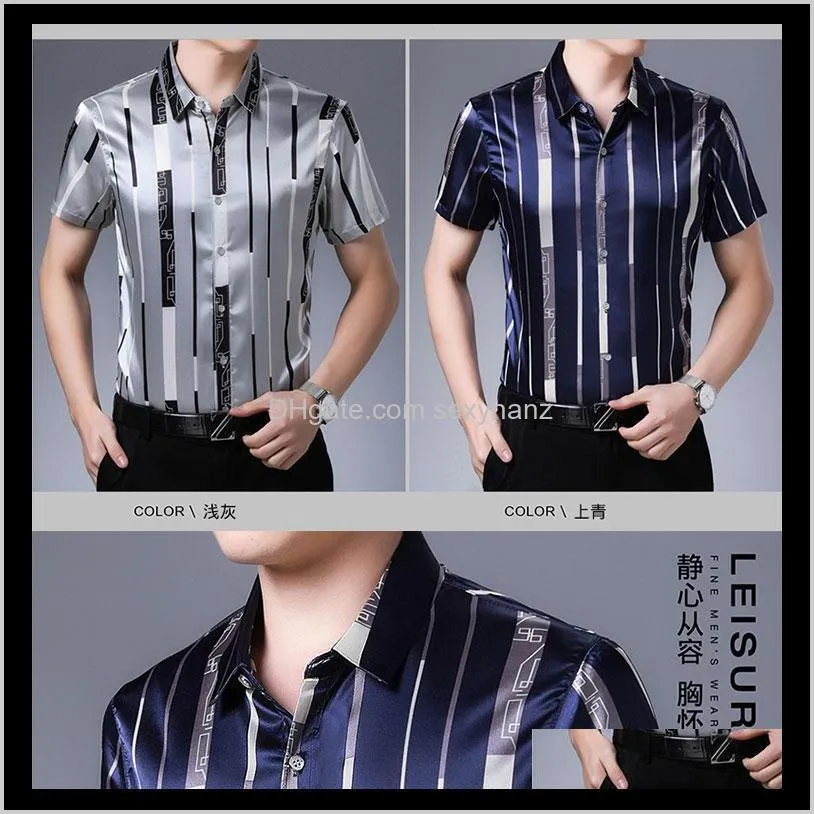 silk short-sleeved shirt men`s mulberry striped middle-aged and elderly ice thin casual shirts