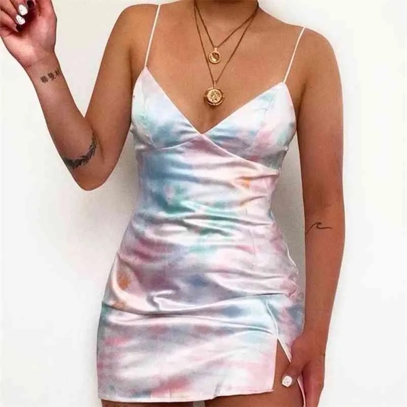 Foridol Tie-barwiony Satin Dress Summer Women Spaghetti Strap Slit Short Mini Party Dress Bez Rękawów V Neck Sexy Beach Dress Vestido 210415