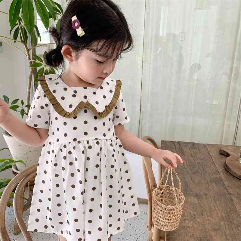 Estilo coreano ponto impresso bonito lotus folha colar de manga curta vestido pequeno princesa vestidos casuais roupas 210708