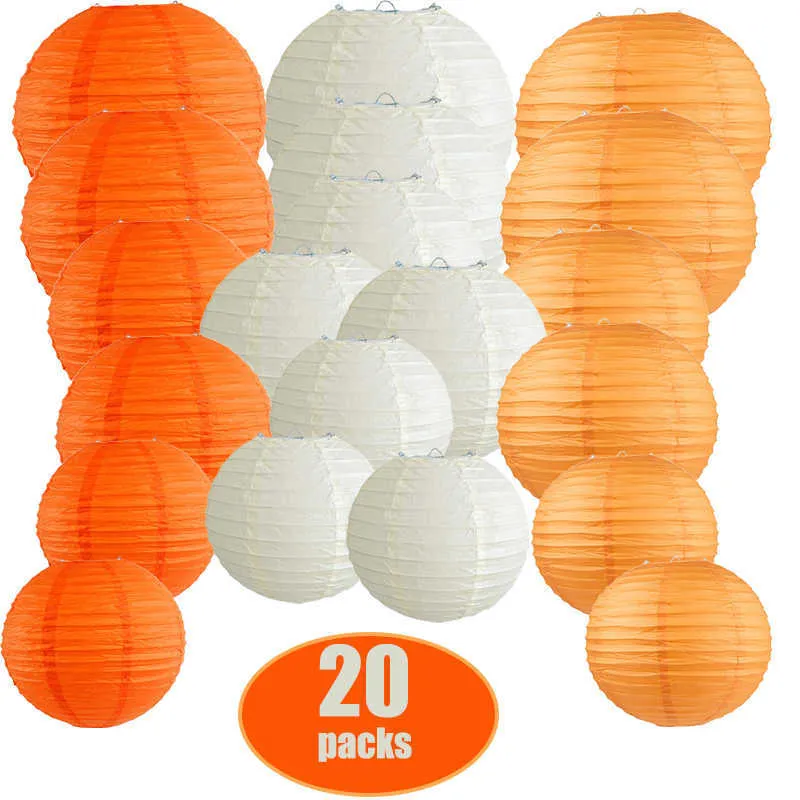 20 st Papper Lyktor 8 "10" 12 "Orange Beige Kinesisk bollpapper Lampion för bröllop Halloween Xmas fester Evenemang Hängande inredning Q0810